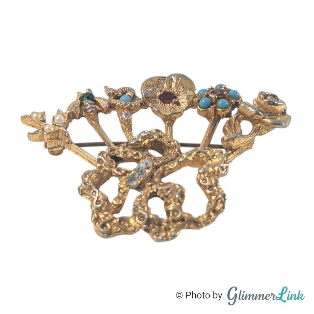 Vintage Victorian Revival Stick Pin Cluster Brooch Floral Bee Design 1960s